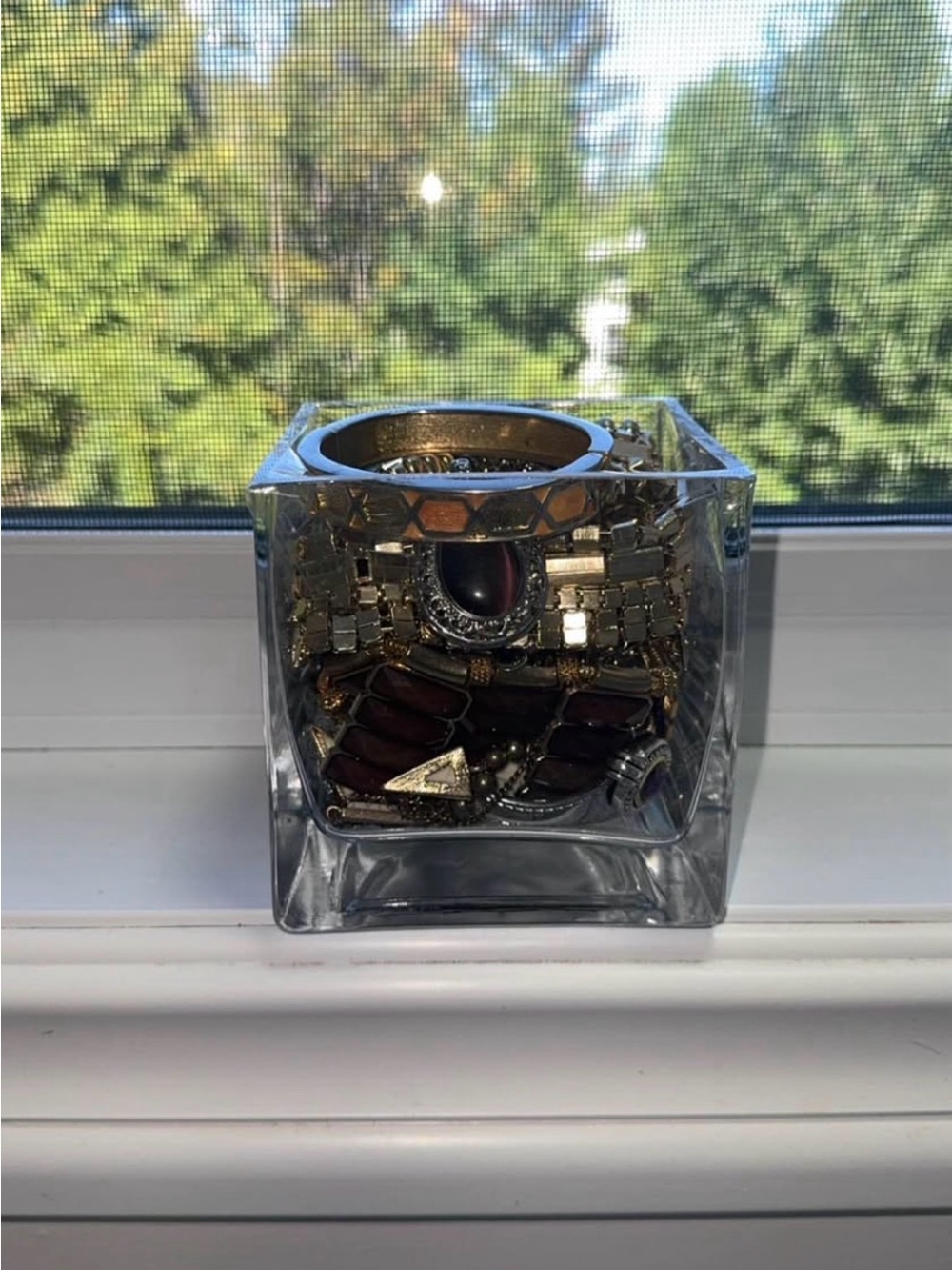 Clear Glass Jewelry Organizer Cube - Black & Gold Accents